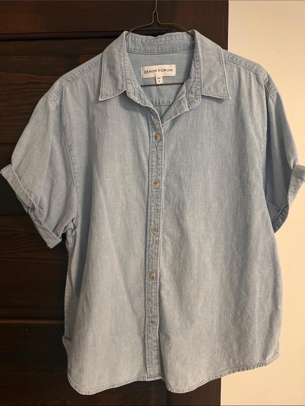 Denim Forum Pale Blue Short Sleeve Denim Button-Down Shirt